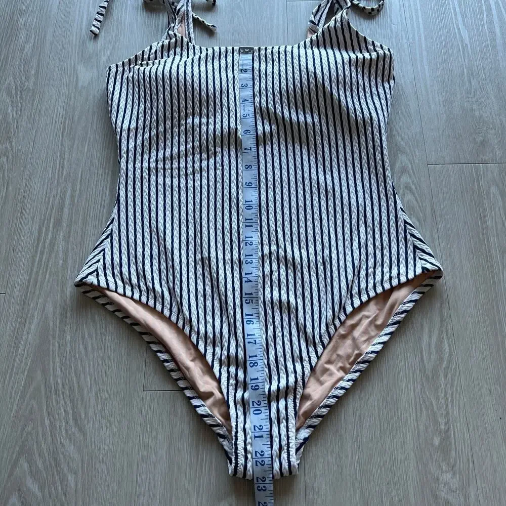 J Crew Factory Striped Tie Shoulder One Piece Swimsuit Large Antique Navy White
